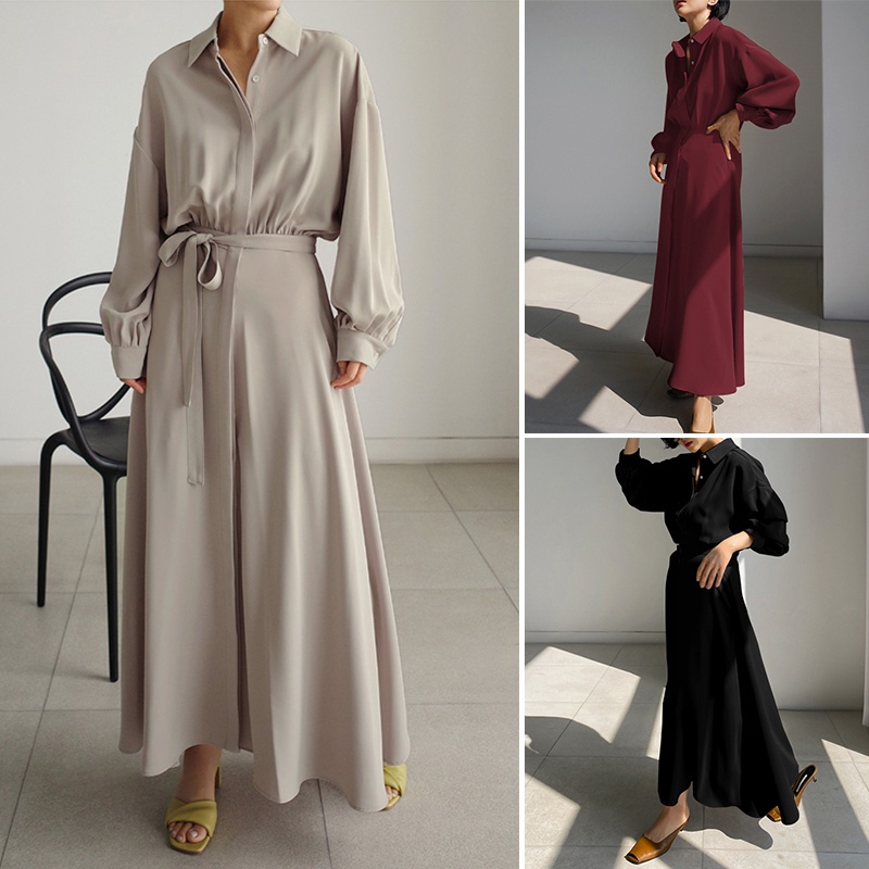 Đầm ZANZEA dài tay dáng mỏng phối một hàng nút cài với dây buộc thời trang Hàn Quốc thanh lịch