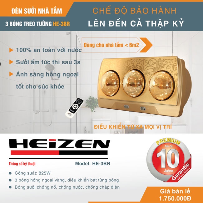 Đèn sưởi nhà tắm Heizen HE3B-R HE3B đèn sưởi 3 bóng vàng treo tường