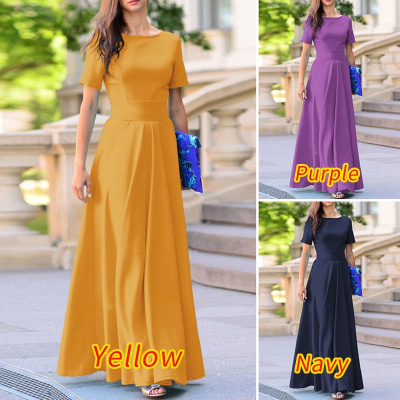 Zanzea đầm maxi tay ngắn cổ tròn màu trơn thời trang tinh tế cho nữ