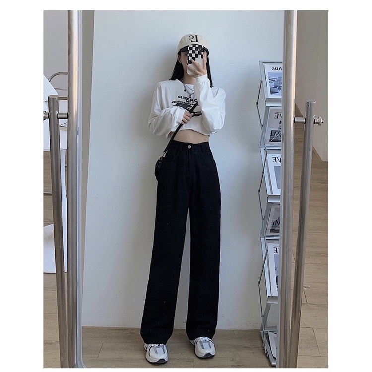 Quần jeans ống rộng nữ 2 màu đen - trắng cạp cao neih.studio