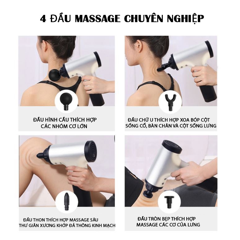 Máy massage❤️SALE❤️Súng massage cầm tay 4 đầu 6 chế độ Fascial Giảm căng cơ trị nhức mỏi vai gáy hiệu quả