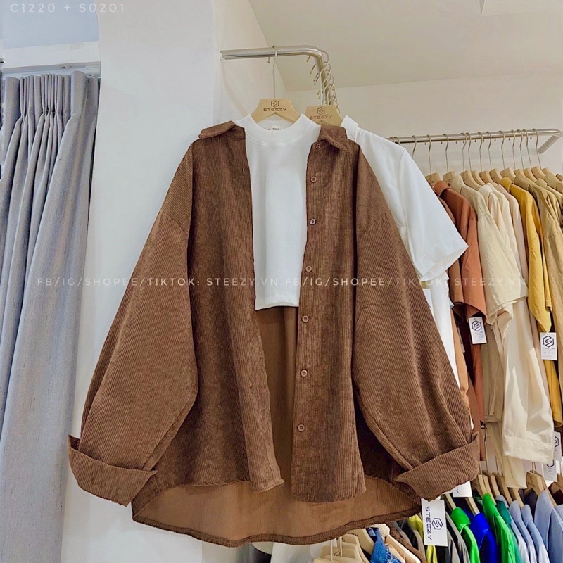 Áo khoác dáng sơmi cài nút kaki nhung gân trơn basic không túi unisex ulzzang nam nữ