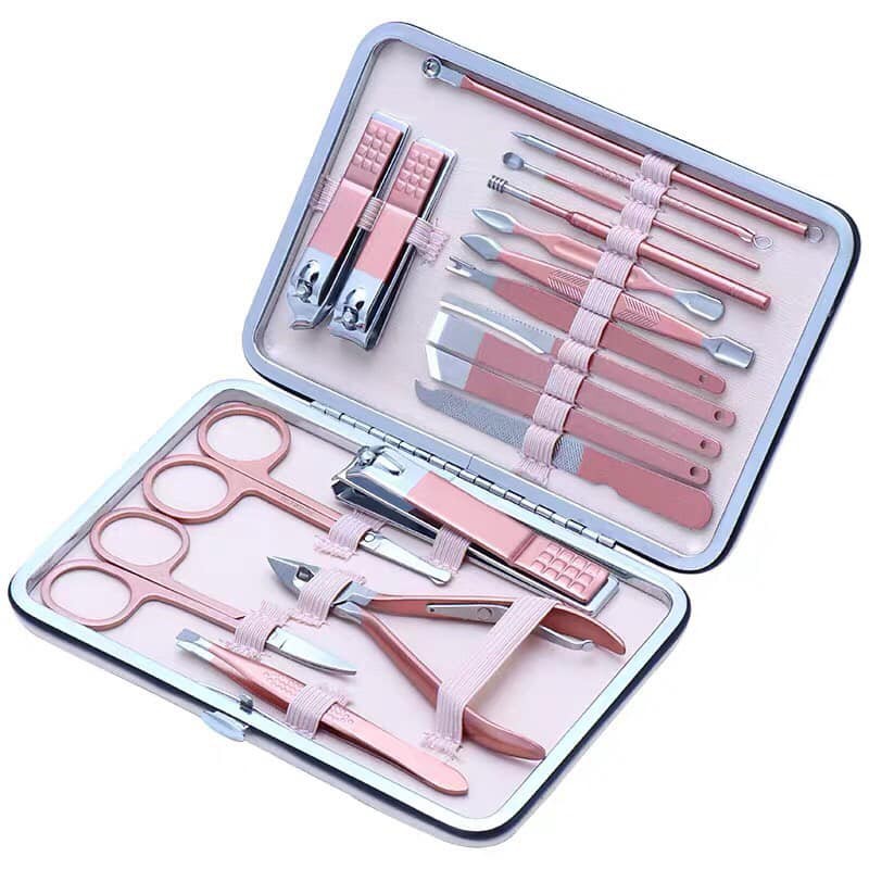 Bộ kìm cắt tỉa móng tay móng chân, bấm móng 18 chi tiết màu hồng siêu sang xịn (Kèm hộp đựng bằng da)