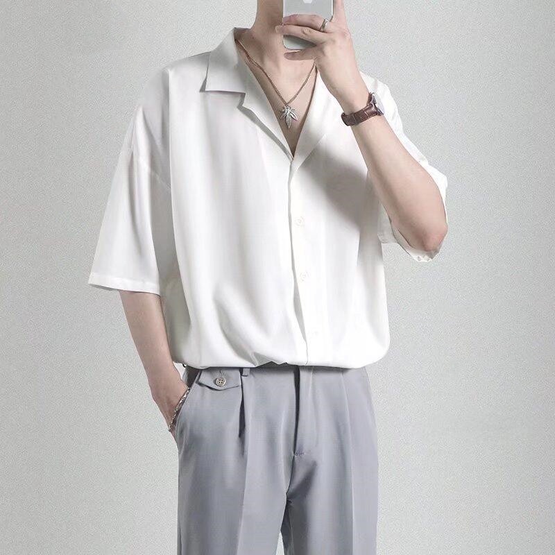 Áo Sơ Mi Trơn Tay Ngắn Dáng Rộng Thoáng Khí Phong Cách Thời Trang Hàn Quốc Cho Nam Giới