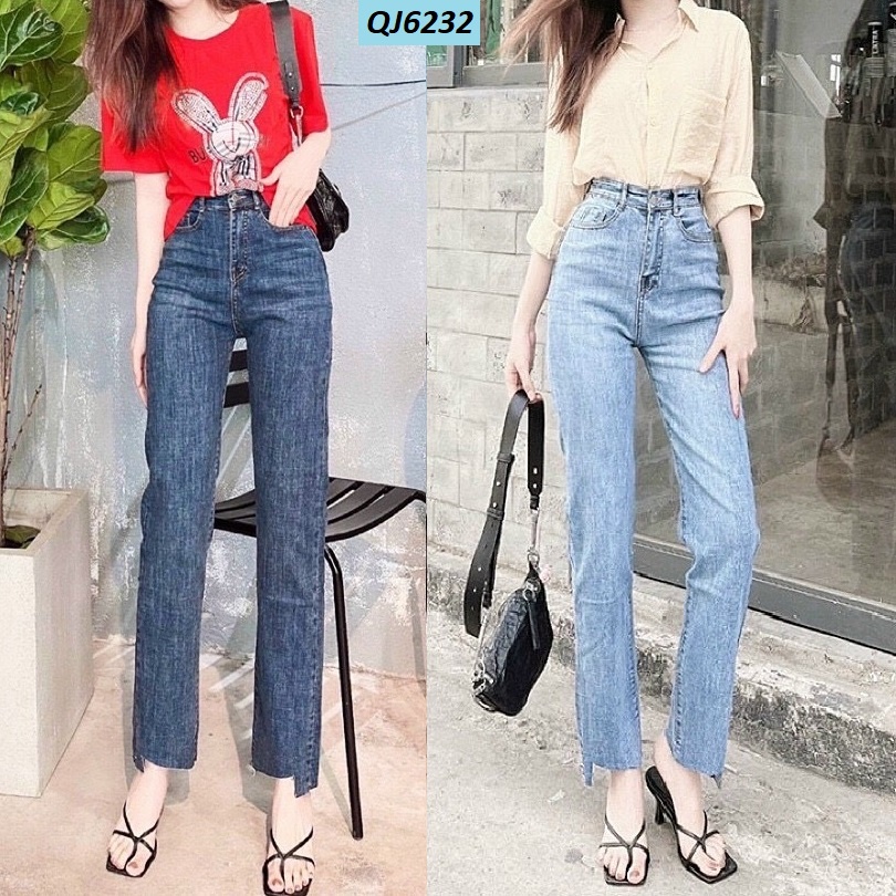 Quần Jeans Ống Đứng Lưng Cao Phủ Rốn Cắt Gấu QJ6232