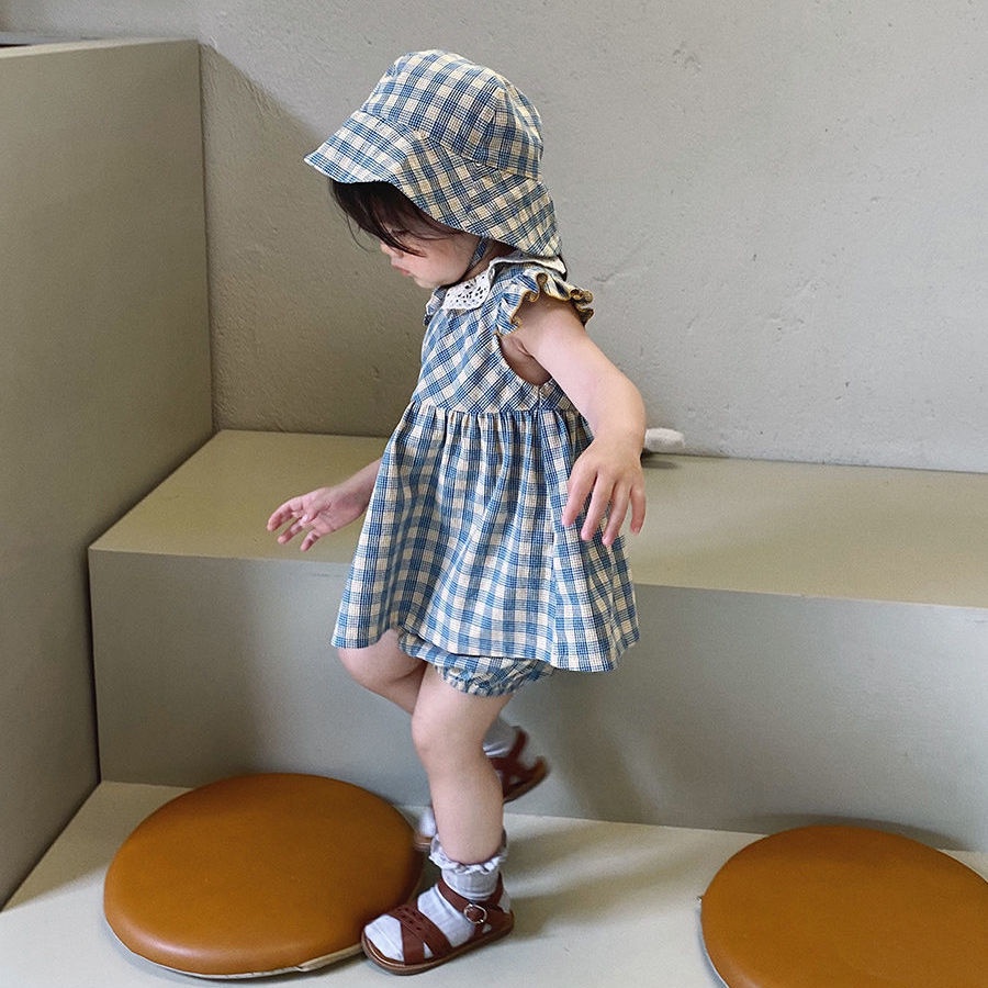 [Babycat] Bộ Đồ Áo Sơ Mi Tay Cánh Tiên Và Quần Ngắn Họa Tiết Caro Nhỏ Phong Cách Nhật Bản Hàn Quốc Dành Cho Mẹ Và Bé Gái