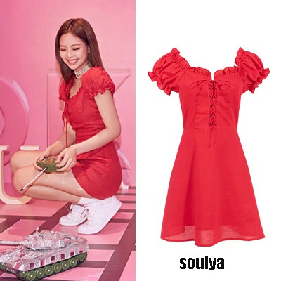 Jennie blackpink Phụ nữ màu đỏ ren-up mỏng váy ngắn tay