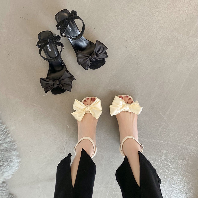 Jiashucheng Giày Sandal Cao Gót Đính Nơ Phong Cách Pháp Thời Trang Mùa Hè