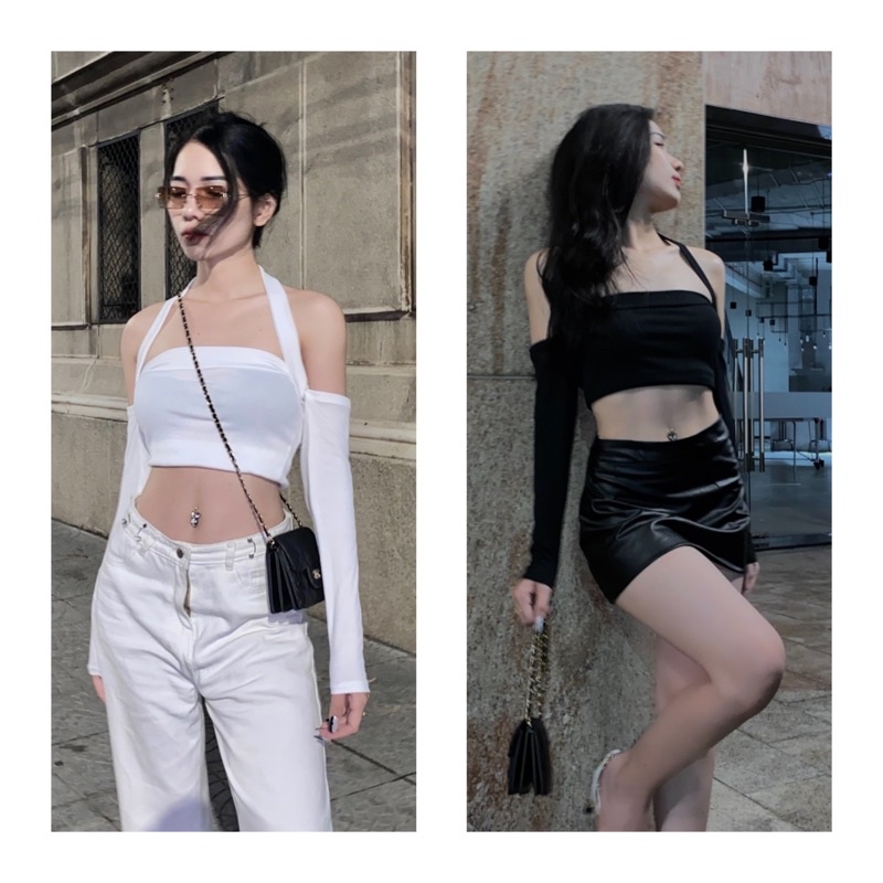[ Có sẵn ] Áo Croptop Yếm Tay Dài Ôm Body sexy