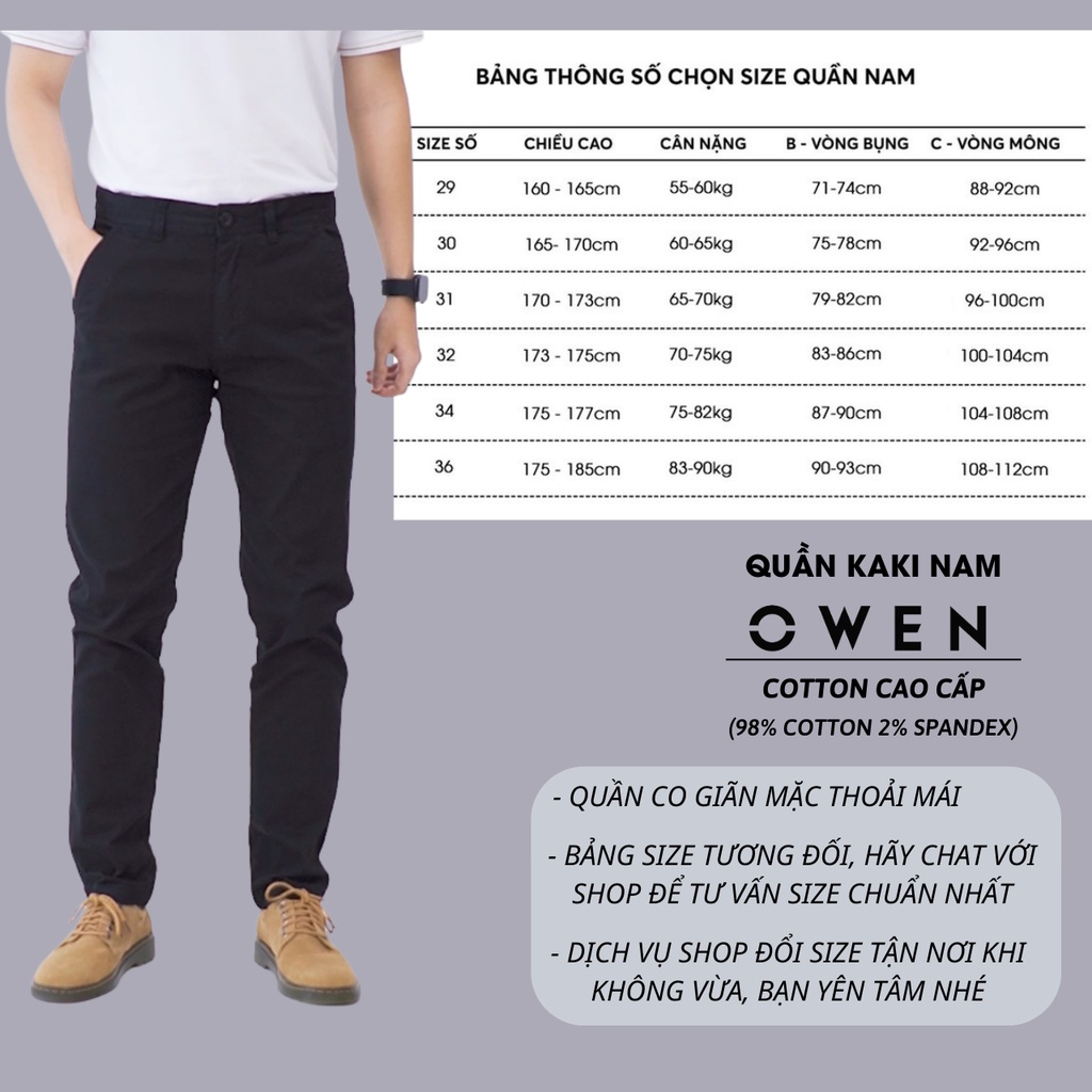 Quần kaki nam OWEN chuẩn hãng màu đen, chất kaki cotton cao cấp co giãn, form đứng dáng ôm nhẹ trẻ trung, năng động