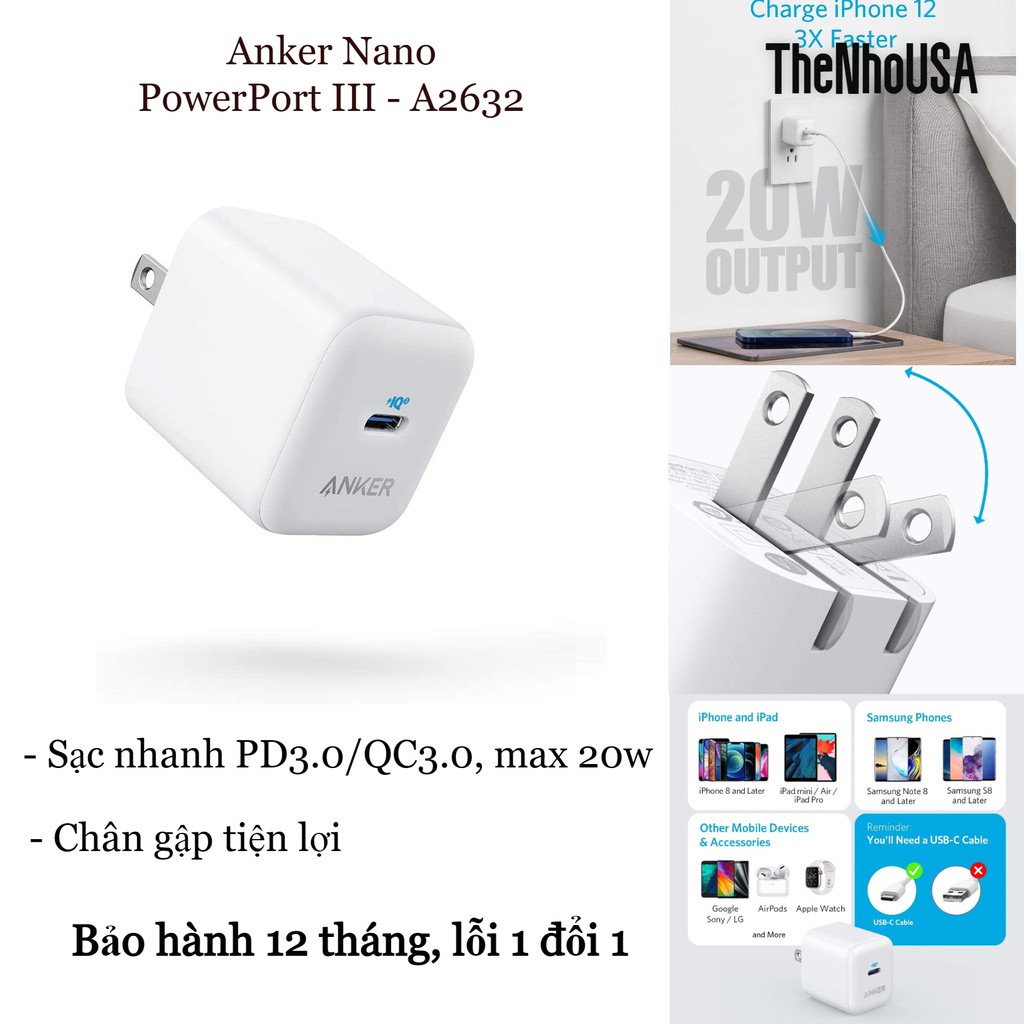 Củ sạc nhanh Anker PowerPort III 20w - A2632 [BH 12T]