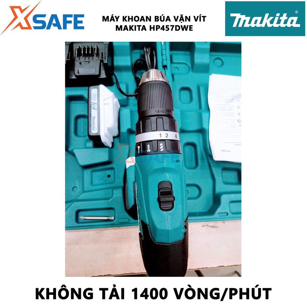 Máy khoan pin MAKITA HP457DWE 18V Máy khoan búa dùng pin chức năng đảo chiều tiện lợi, dùng khoan thép, gỗ - [XSAFE]