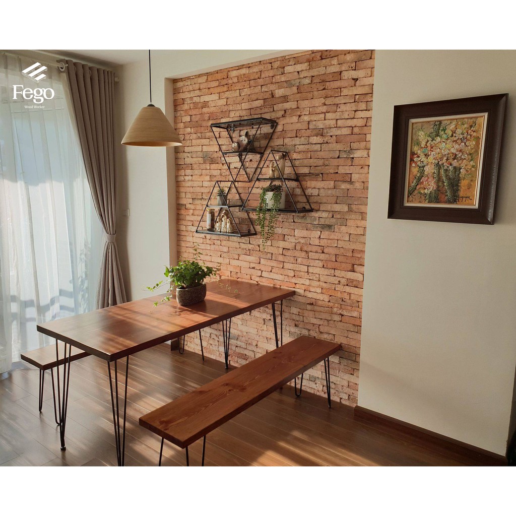 Ghế dài gỗ thông chân sắt FEGO/ Ghế băng chờ hành lang, ban công chung cư, phòng ngủ, phòng khách, bếp ăn