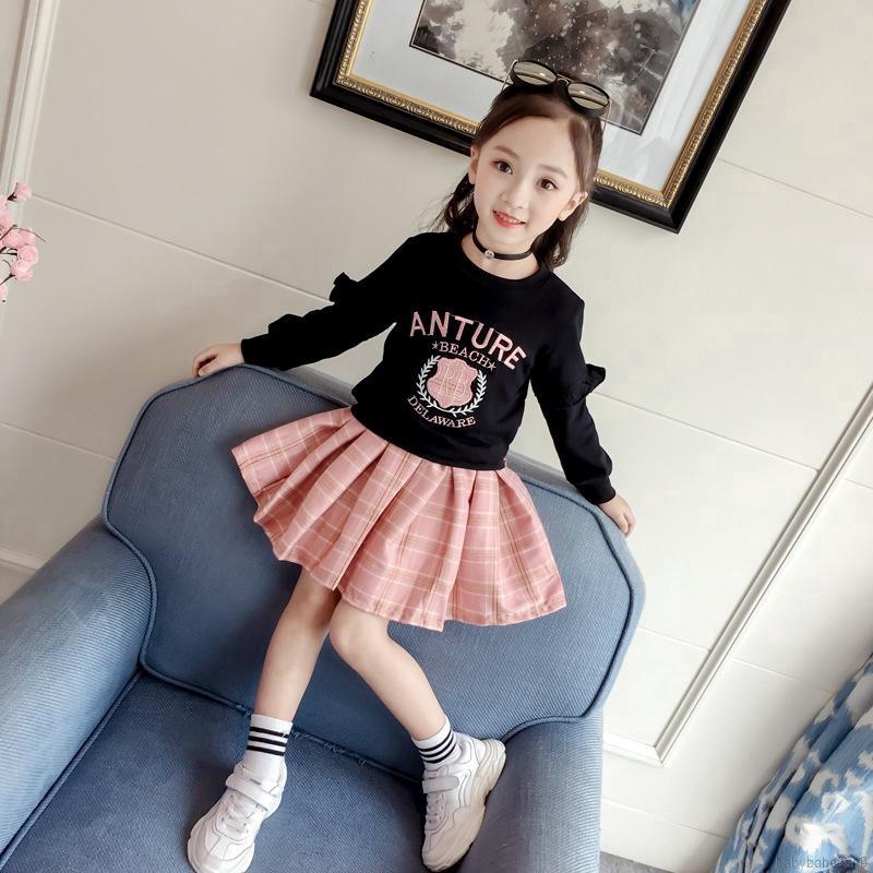 Baby Girl Long Sleeve Letter Pattern Sweatshirt + Plaid Skirts