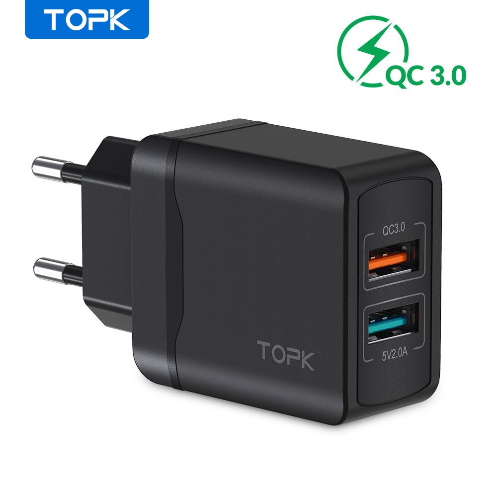 Củ Sạc TOPK B244Q Chia Hai Cổng Kết Nối USB Sạc Nhanh 28W QC 3.0 Dùng Khi Du Lịch