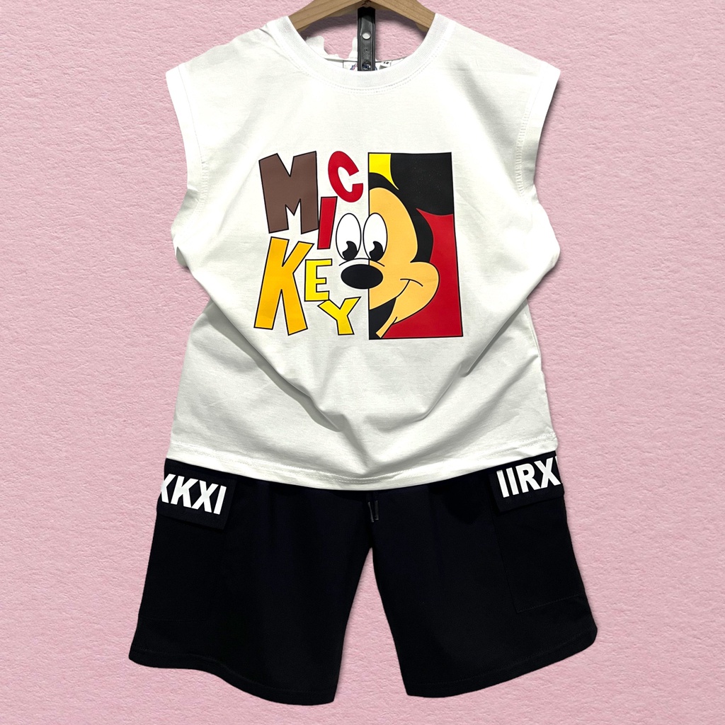 Đồ bộ bé trai Con Xinh cotton sát nách hình in chú chuột MIC IIRX, thời trang mùa hè dành cho trẻ em từ 4 đến 10 tuổi