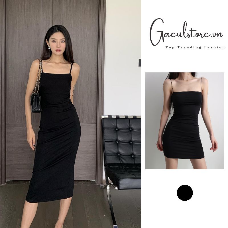 Đầm váy len body 2 dây bún dáng qua gối và trên gối