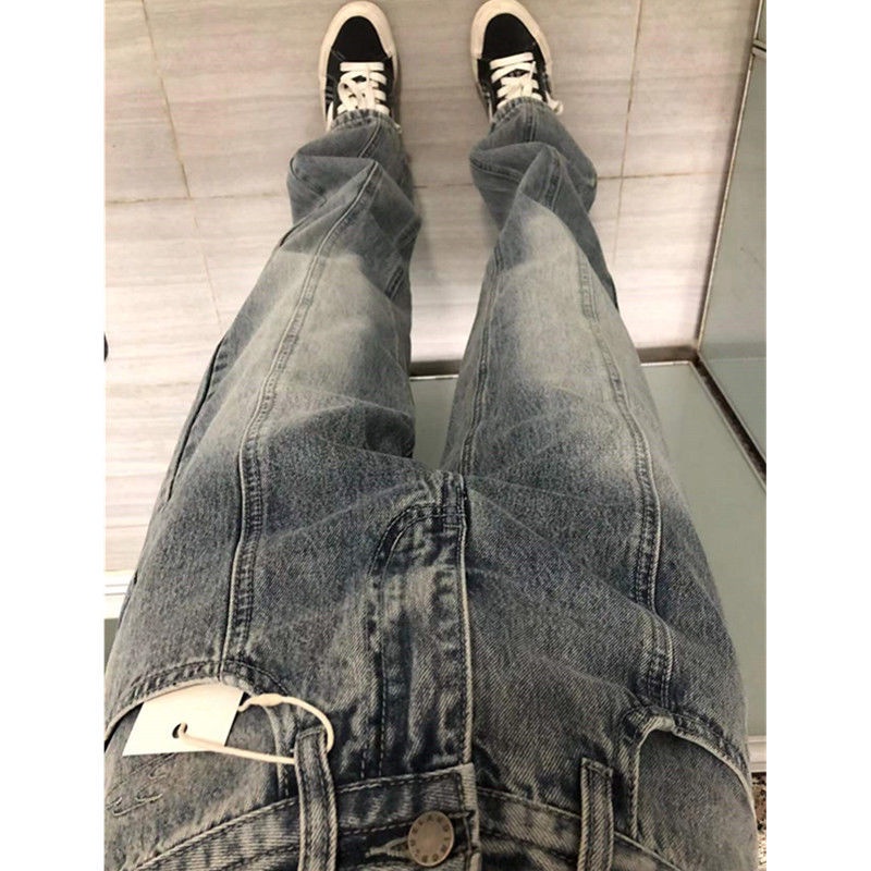 Quần jeans eo cao ống đứng thiết kế túi hai đường may phong cách retro Mỹ cho nữ