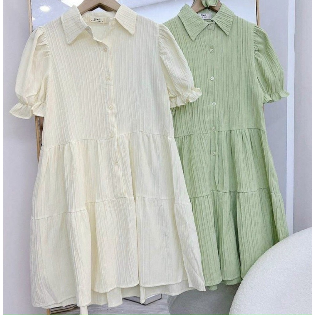Váy Đầm Baybydoll Cổ Sơ Mi Vải Dũi Gân Dọc Váy Đi Chơi Dạo Phố Tiệc