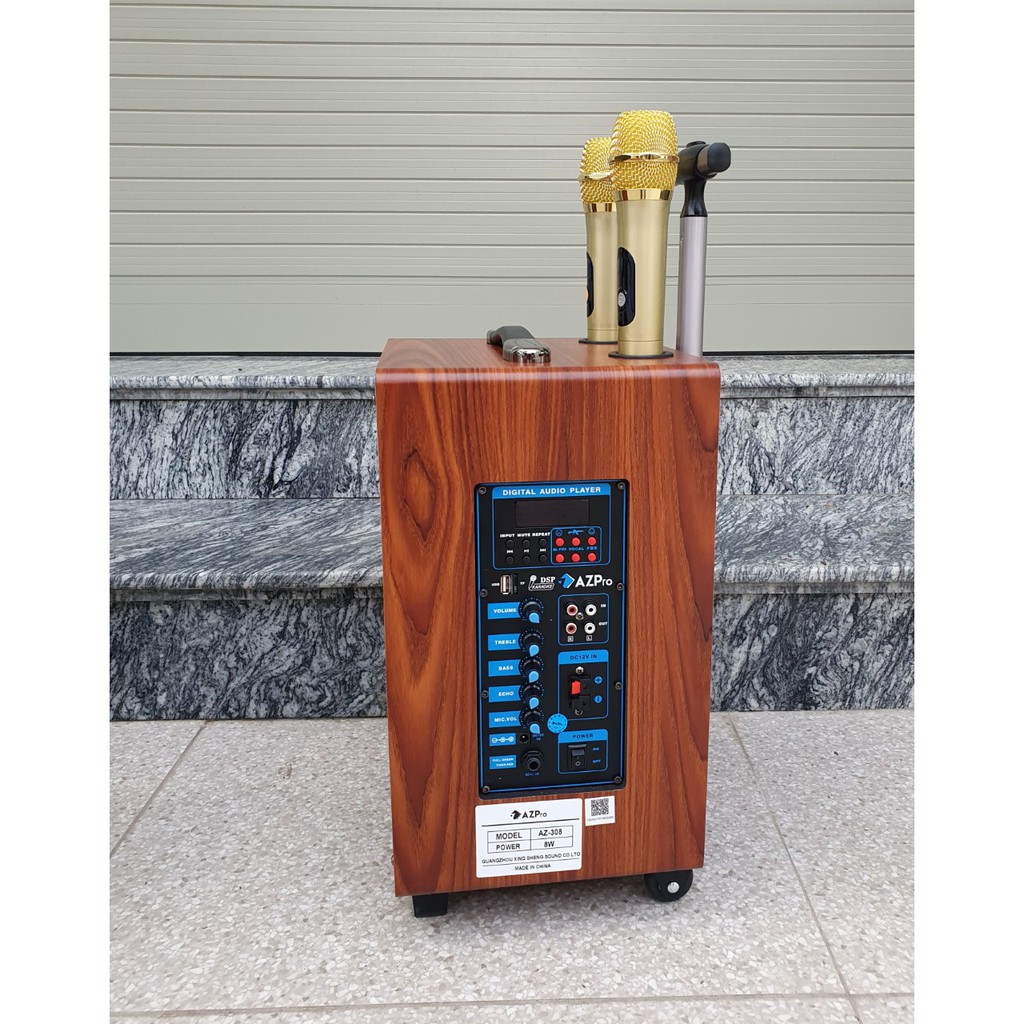 Loa kéo karaoke mini Azpro Bass 20 Chống hú Loa Hát Karaoke Vỏ Gỗ Tặng Kèm 2 Mic Không Dây
