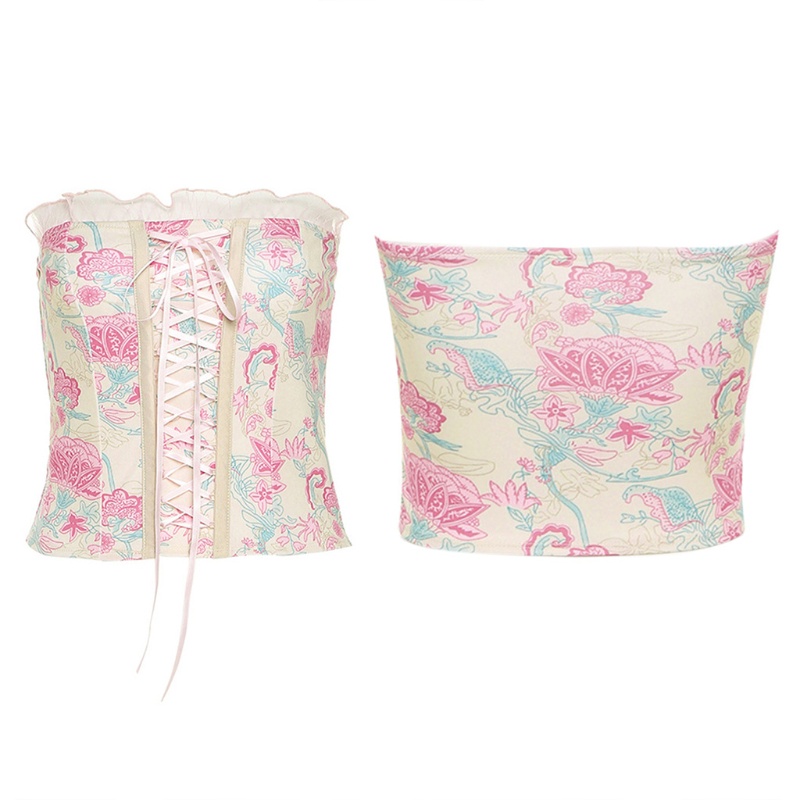 Áo nịt ngực ngắn ôm sát họa tiết hoa hồng với dây buộc chéo phong cách gợi cảm cổ điển thời trang mùa hè cho nữ