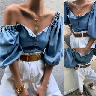 Áo sơ mi denim co dãn trễ vai quyến rũ cho nữ