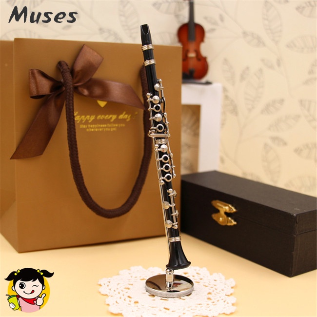 Kèn Clarinet Mini Bằng Da Màu Đen Kèm Hộp Đựng Và Giá Đỡ Để Bàn Trang Trí