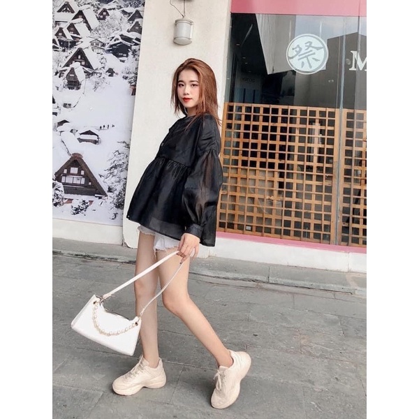 Áo sơ mi nữ cổ chữ V dài tay bồng cúc gỗ, Áo babydoll voan tay phồng đẹp  (TTA110)