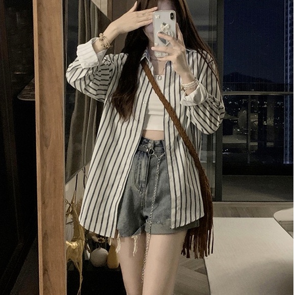 【ZHELIHANGFEI】Áo Sơ Mi Chống Nắng Tay Dài Dáng Rộng Họa Tiết Kẻ Sọc Thời Trang Cho Nữ