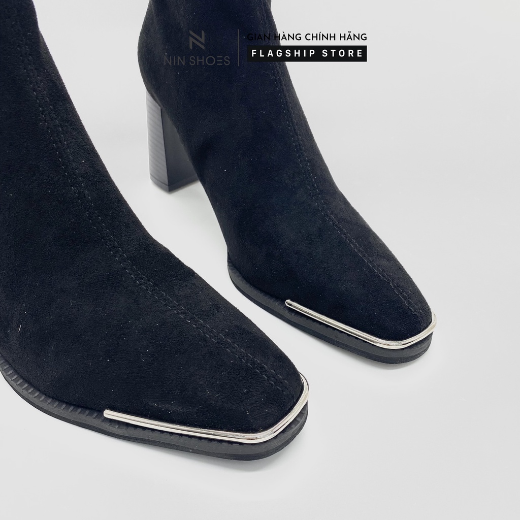 Giày Boot nữ 7p gót vuông mũi bọc sắt da lộn cao cổ Ninshoes | BigBuy360 - bigbuy360.vn