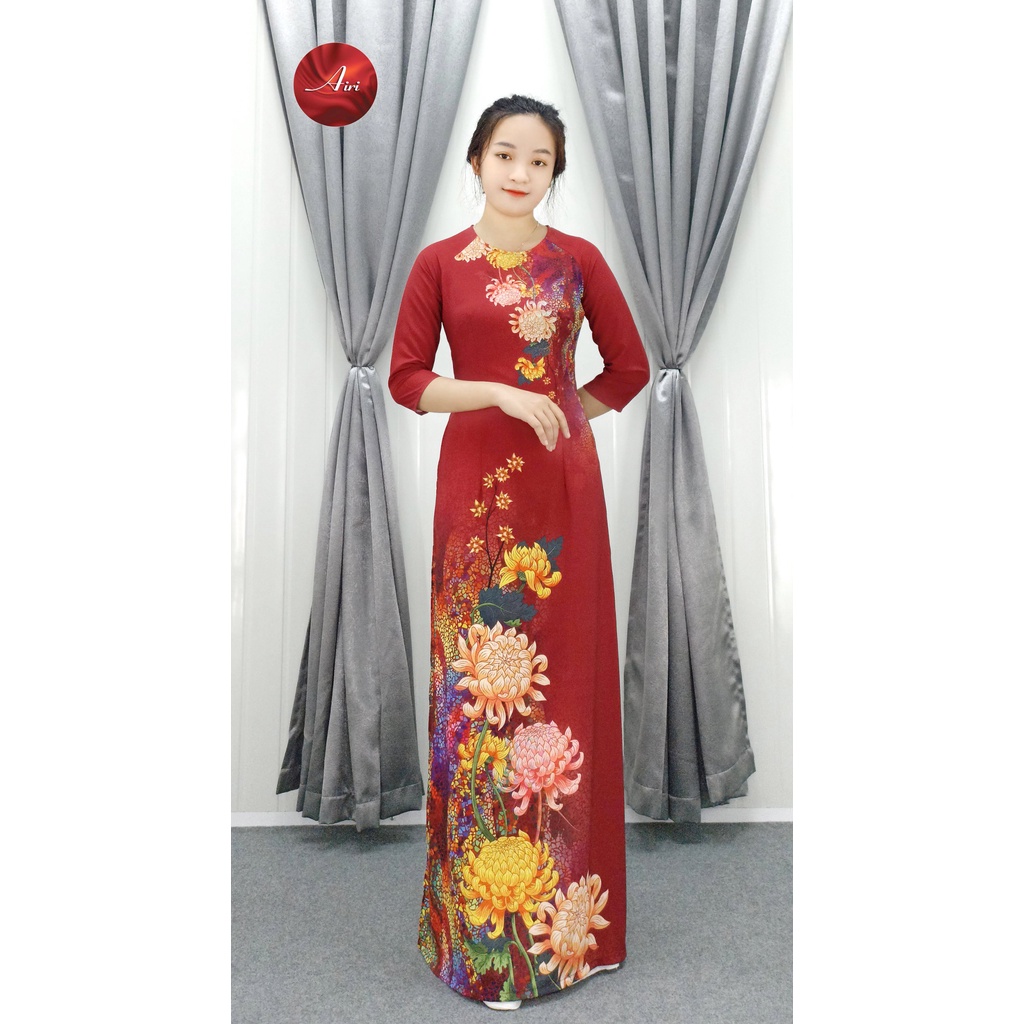 Áo dài nữ họa tiết hoa nền nâu bã trầu quý phái - Áo dài Airi