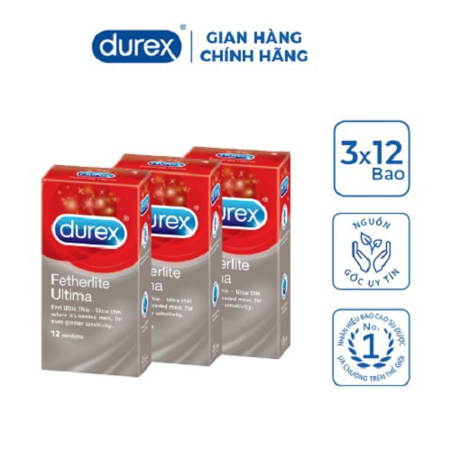 (Sỉ = lẻ) Combo 3 hộp bao cao su Durex Fether Ultima (12 bao/hộp, size 52mm)