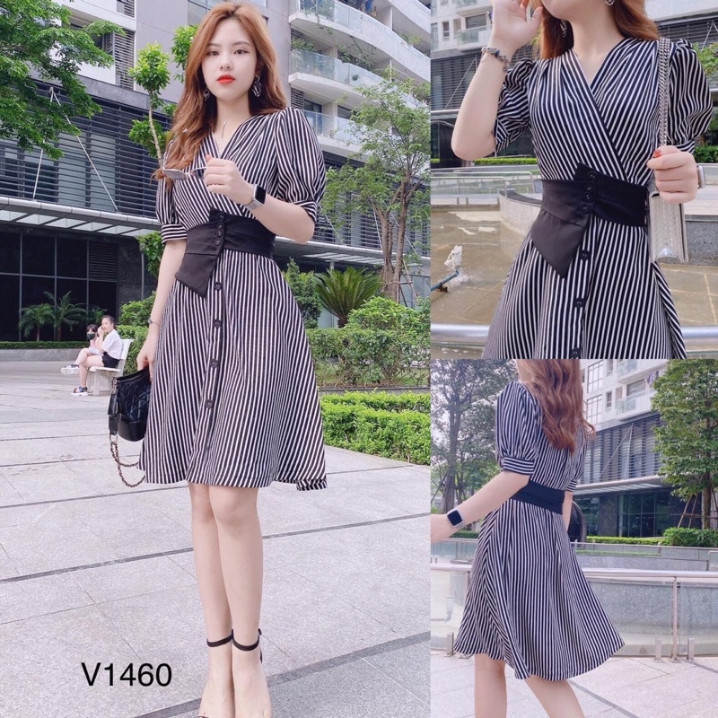 Váy kẻ dọc đen trắng hàng thiết kế DVC