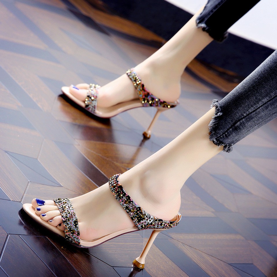 Dép cao gót 3.15 inch đính đá thiết kế thời trang cho nữ size 34-39