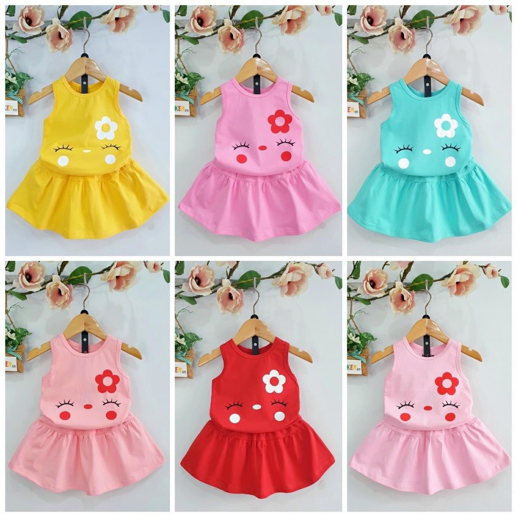 [HOT] SET ÁO KÈM CHÂN VÁY XÒE IN HÌNH HOA CHẤT COTTON MỀM MÁT SIÊU ĐÁNG YÊU CHO BÉ 8-18KG. VIDEO THẬT. XƯỞNG MAY BIBO