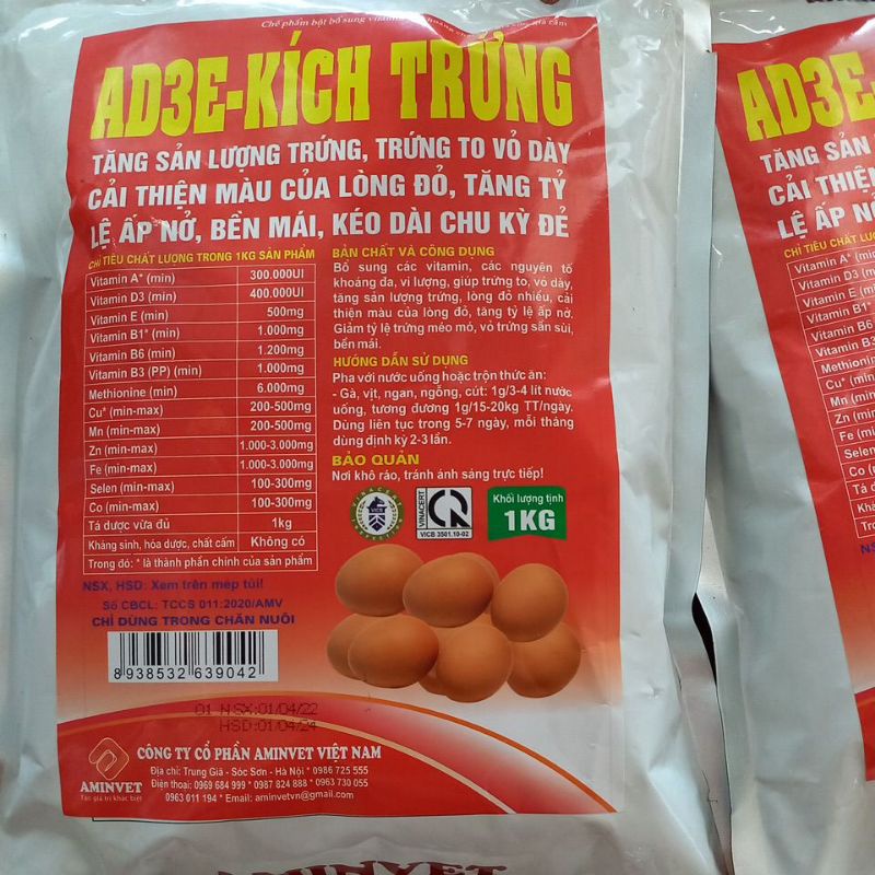 Kích trứng AD3E 200g, 1kg tăng sản lượng trứng, vỏ dầy, kéo dài chu kì đẻ