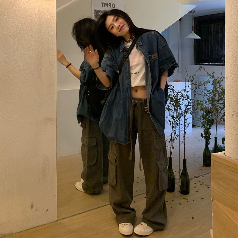 ○Áo Sơ Mi Denim Tay Ngắn Dáng Rộng Phong Cách Hồng Kông Thời Trang Mùa Hè Cho Nữ