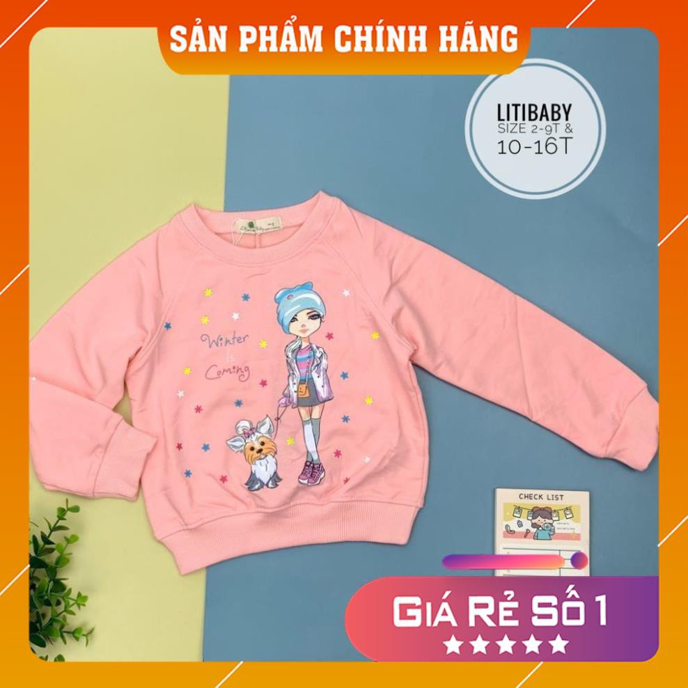 Áo nỉ in hình cô gái và chú chó. Size 2-9T (11-27kg). Size to ở link khác. Chất nỉ da cá đẹp, đanh, hình bền