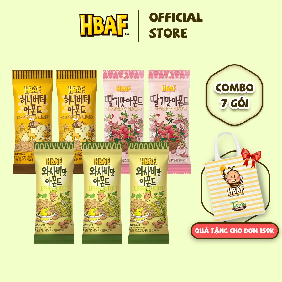 [COMBO TIẾT KIỆM] Hạt Hạnh Nhân HBAF Mix Vị Hot Hàn Quốc 30g x 7 gói (2 Bơ Mật Ong, 2 Dâu Tây, 3 Wasabi)