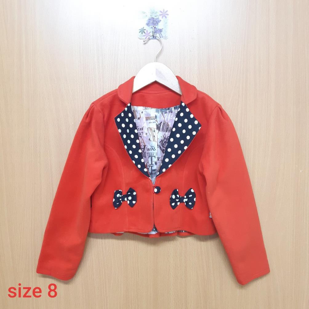 DG69-AKT-04- Áo khoác dài tay bé gái, chất nỉ da cá, lửng, cổ chấm bi, đính nơ, size bé 20kg, made in Việt Nam