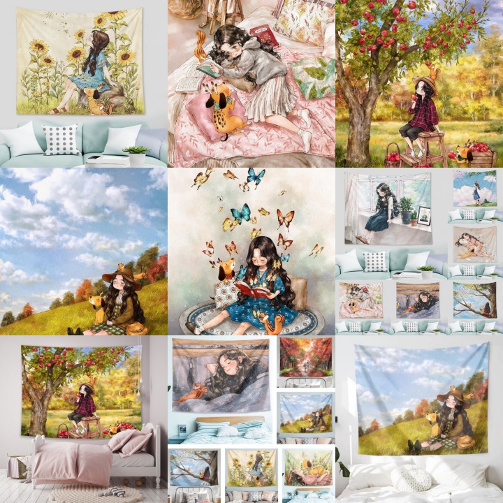 Tranh vải treo tường trang trí phòng, thảm decor hình cô gái siêu dễ thương