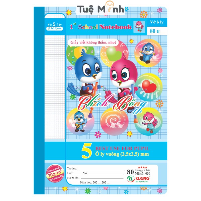 Vở ô ly 80 trang VPP Tuệ Minh B5 Klong Chích Bông MS 030 giấy ghim tập vở viết bài chất lượng