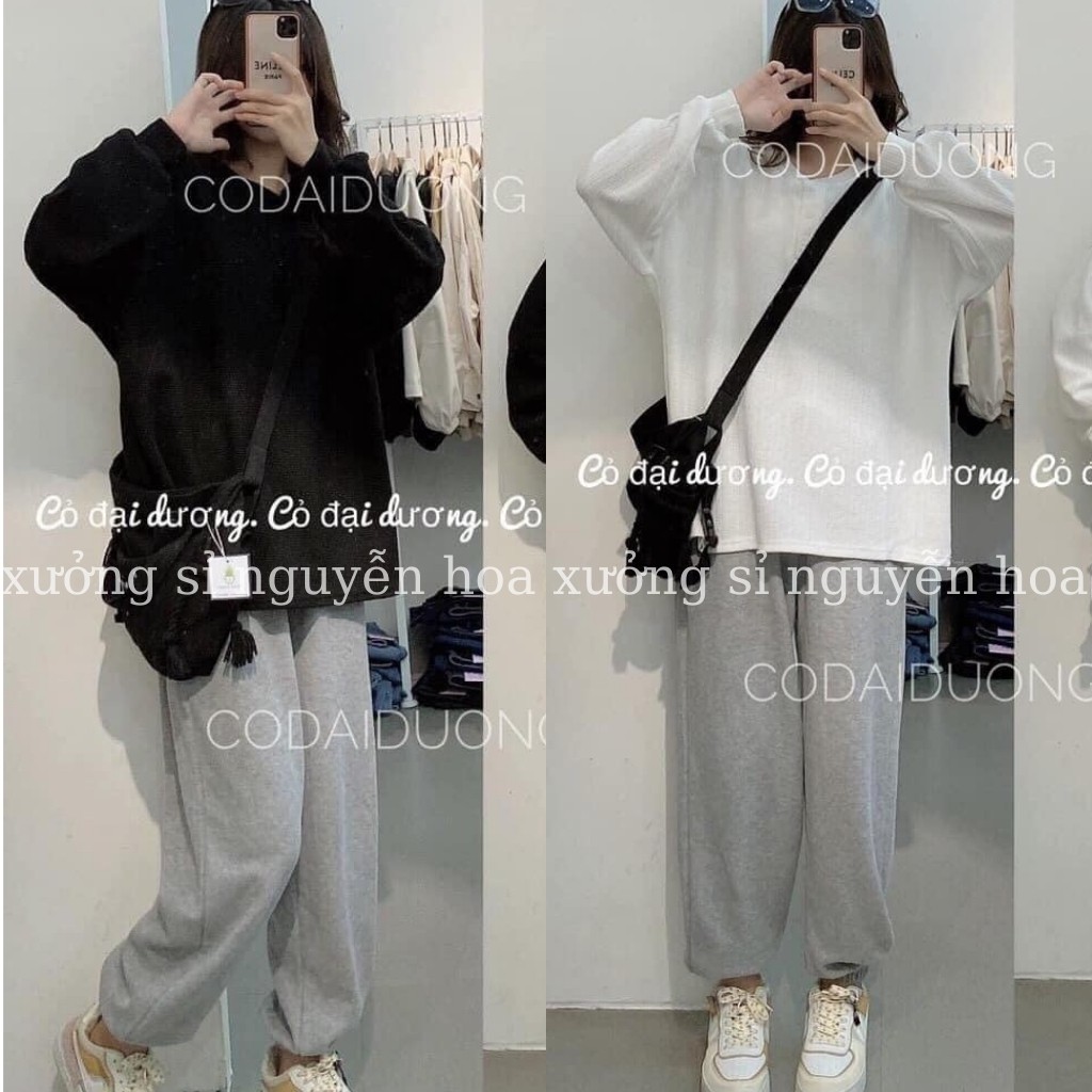bộ nỉ nữ áo thun tổ ong cổ 3 cúc kèm quần bom trơn xám form rộng unisex 2 màu trắng đen basix Xưởng Sỉ Nguyễn Hoa
