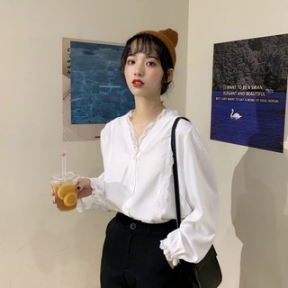 (ORDER) Áo sơ mi trắng nữ phối viền ren dài tay style công sở trẻ trung