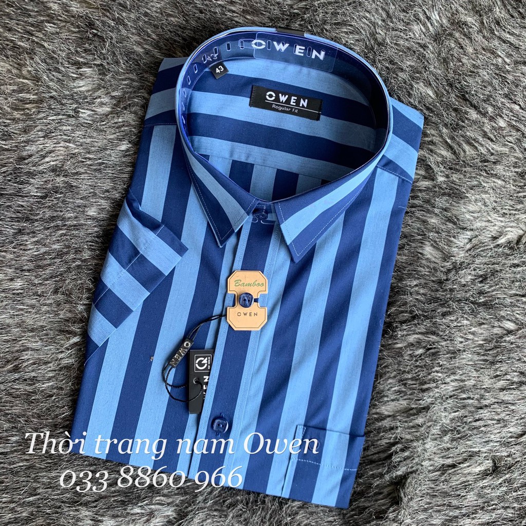 OWEN - Áo sơ mi ngắn tay Owen Regular fit chất sợi tre kẻ sọc xanh 22663 | BigBuy360 - bigbuy360.vn