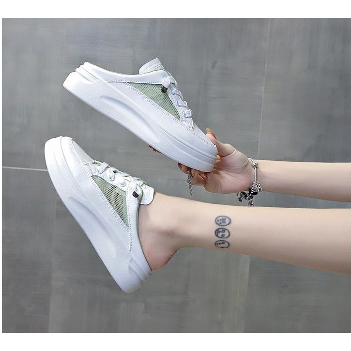 [Siêu Cấp] Sục giày thể thao lưới nữ trắng / trắng xanh - Giày đạp gót 3cm đẹp mùa hè.