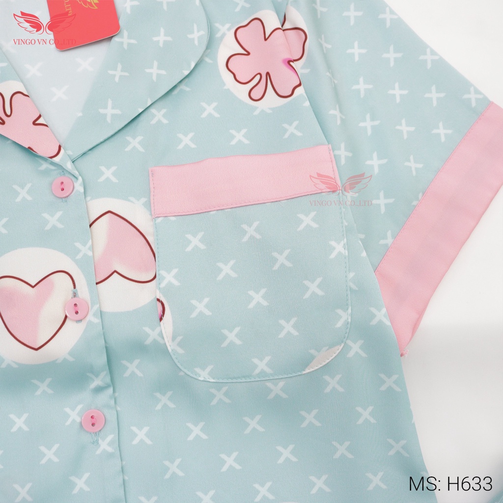 Đồ bộ mặc nhà nữ pijama VINGO lụa Pháp tay ngắn quần đùi mặc ngủ mùa Hè mát họa tiết cỏ 4 lá xanh dễ thương H633 VNGO