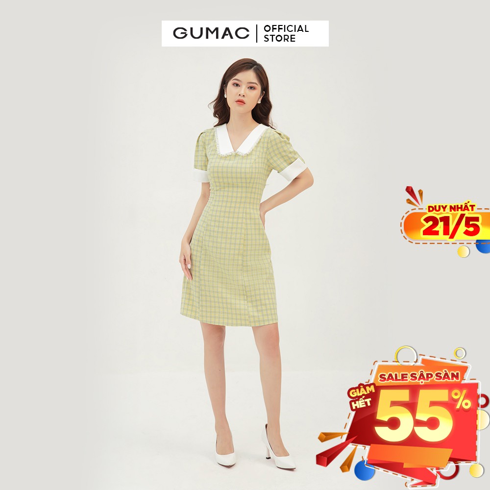 Đầm thiết kế caro phối cổ GUMAC tay ngắn nhiều màu đủ size DB327