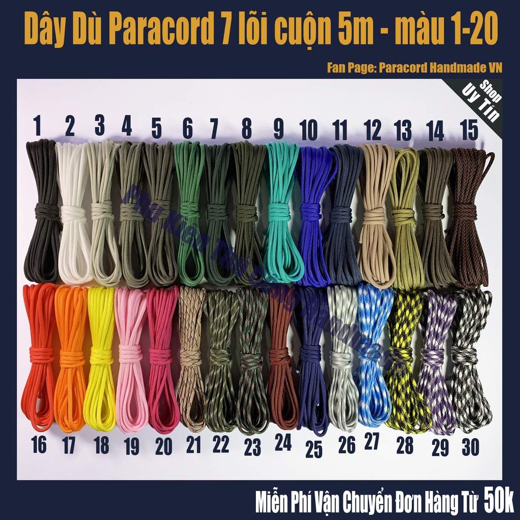 Dây paracord 7 lõi 3mm tròn - 5 mét từ màu 1-20