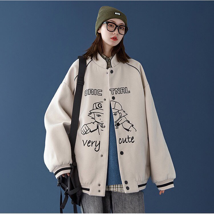 Áo khoác bomber bóng chày nam nữ Very Cute Cheapy form rộng dáng suông bo gấu đen be cúc bấm nỉ dệt C514